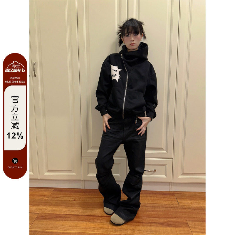 F383 2025美式重磅奇异拉链发泡连帽卫衣男女潮cleanfit宽松外套