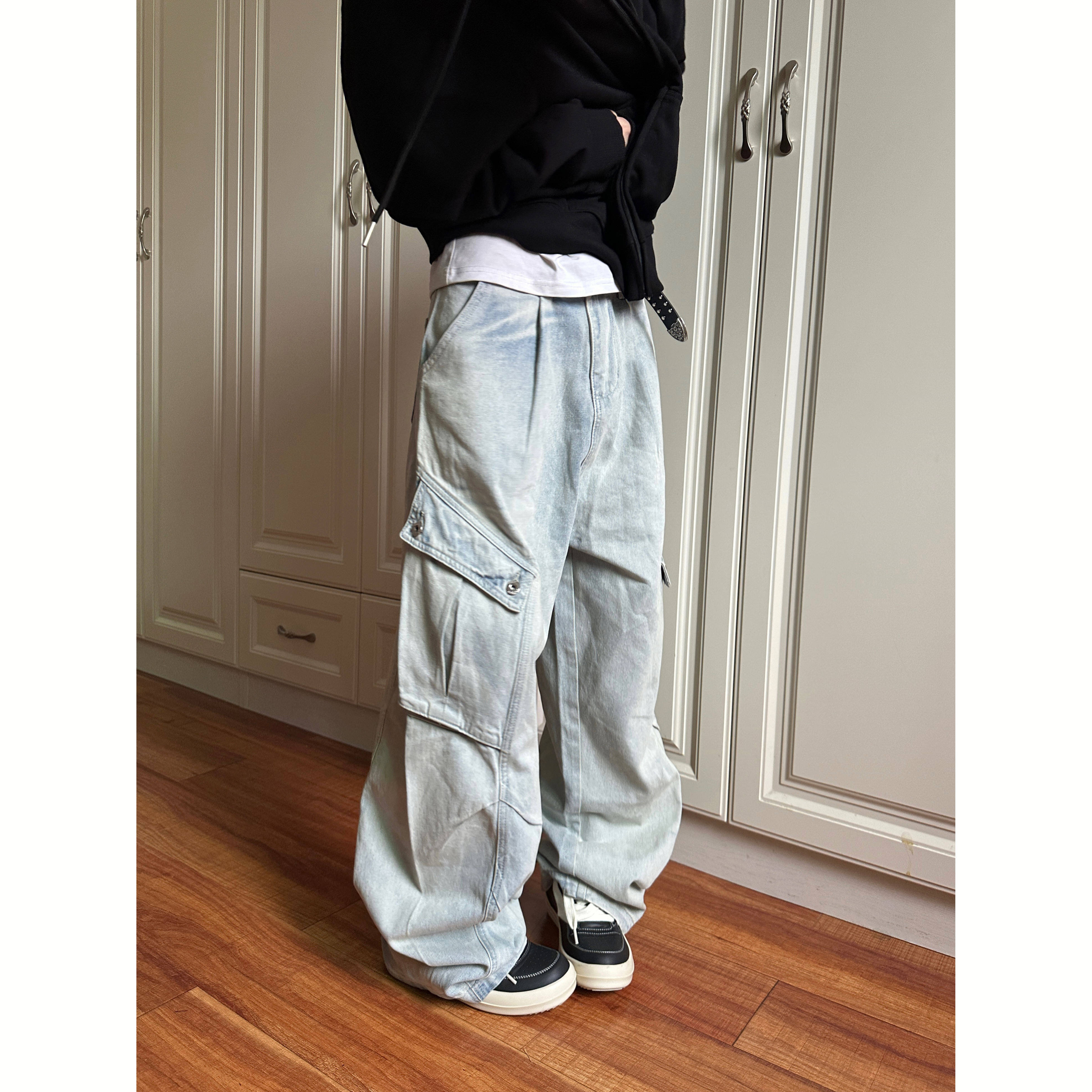 F383 2026美式复古褶皱多口袋工装牛仔裤男女直筒宽松休闲长裤ins