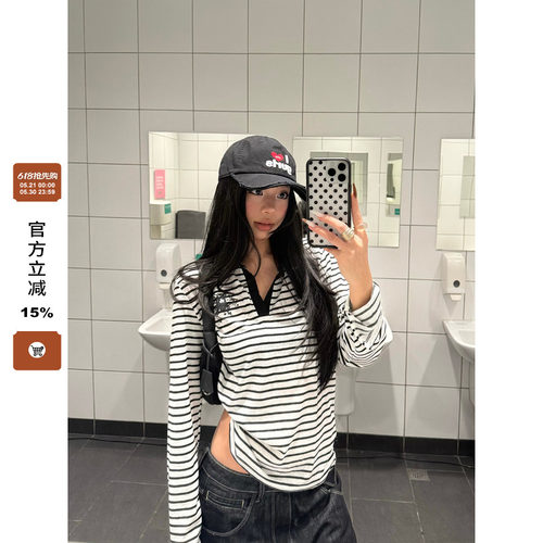 【F383】撞色polo翻领条纹长袖