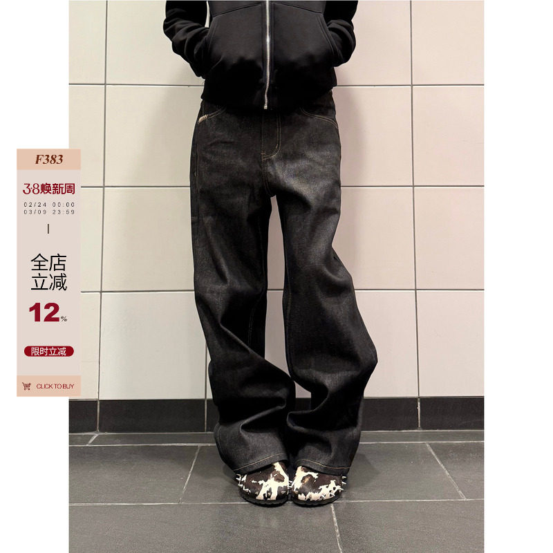 F383 美式复古cleanfit原牛黑色牛仔裤男女潮流休闲宽松阔腿裤子