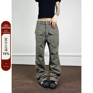 高街口袋复古军绿褶皱微喇休闲裤 F383 裤 工装 2024AW国潮原创美式