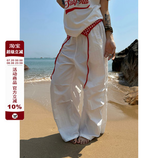 百搭設(shè)計(jì)感褶皺拖地休閑褲 F383 2025美式 復(fù)古假兩件闊腿傘兵褲 女