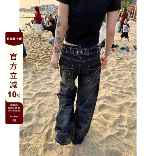 F383 美式复古巴黎扣设计竹节牛仔裤男女水洗直筒宽松百搭长裤ins