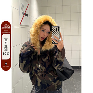 毛衣女辣妹宽松针织外套ins 复古迷彩可拆卸毛领连帽开衫 F383 美式