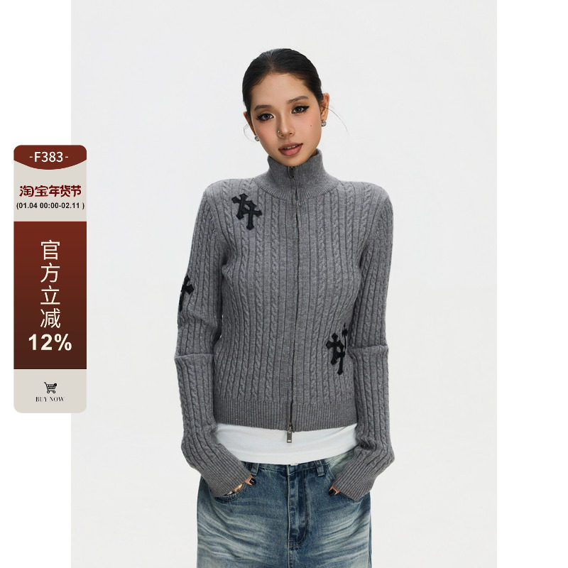 F383 美式复古十字高领毛衣开衫女修身显瘦百搭双拉链针织上衣ins