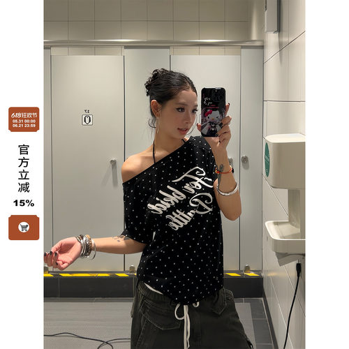 F383辣妹波点一字肩斜肩短袖