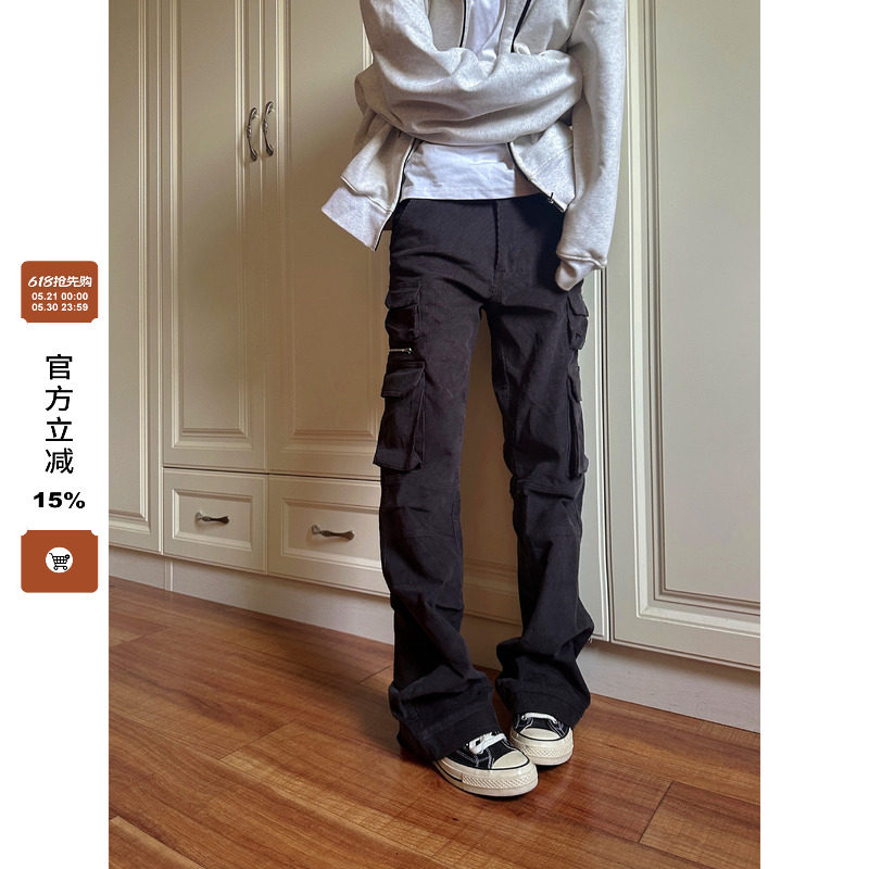 F383 2026美式复古简约百搭直筒微喇工装长裤多口袋灯芯绒男女ins