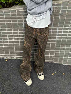 男女休闲长裤 复古豹纹直筒宽松牛仔裤 ins 2023AW国潮原创美式 F383