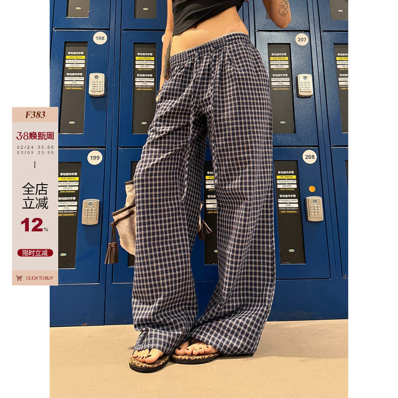 F383 美式复古薄款蓝色格子休闲长裤女夏季新款低腰宽松阔腿裤子