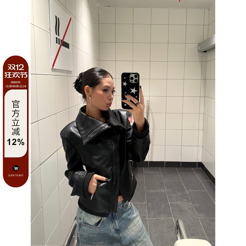 F383 美式复古拼接翻领斜边拉链修身显瘦百搭皮革夹克短外套女ins