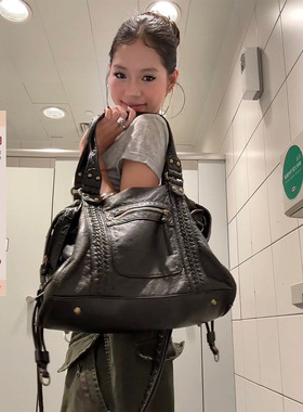 F383 y2k女大容量包机车包法式复古单肩斜挎包腋下托特包做旧时尚