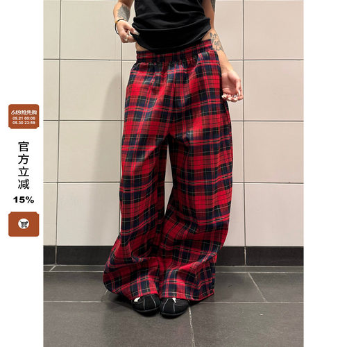 F383拼色格子抽绳休闲裤