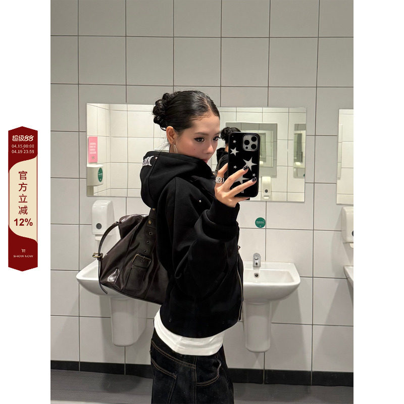 F383 美式复古短款连帽卫衣刺绣设计女秋修身显瘦长袖拉链外套ins