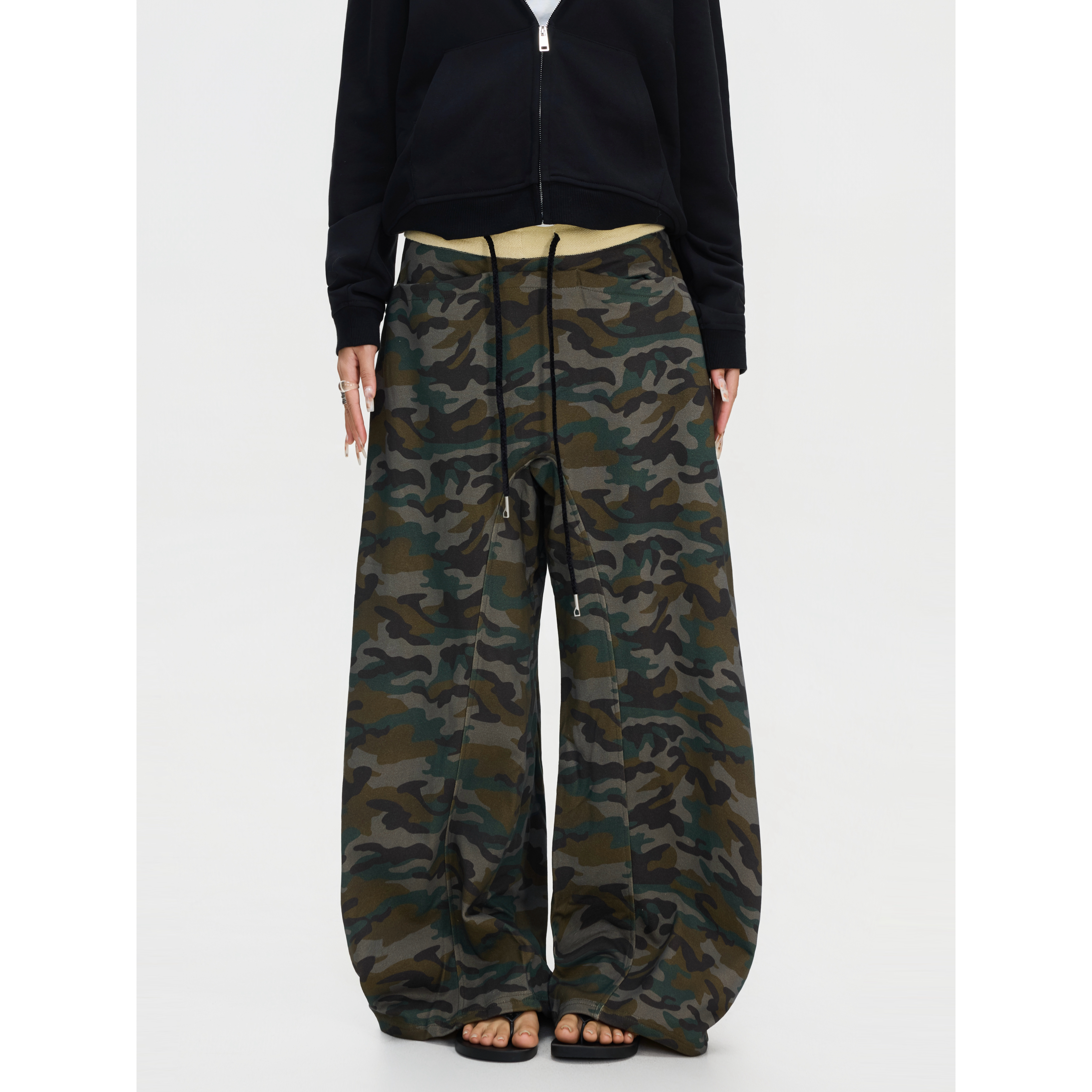 F383迷彩撞色腰头抽绳百搭弯刀裤