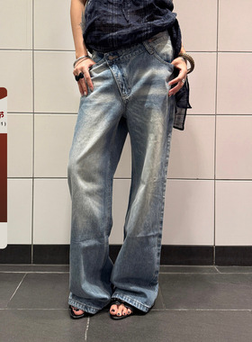 F383 美式复古水洗做旧牛仔裤新款设计感腰头直筒百搭长裤男女潮