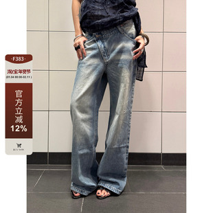 F383 美式复古水洗做旧牛仔裤新款设计感腰头直筒百搭长裤男女潮