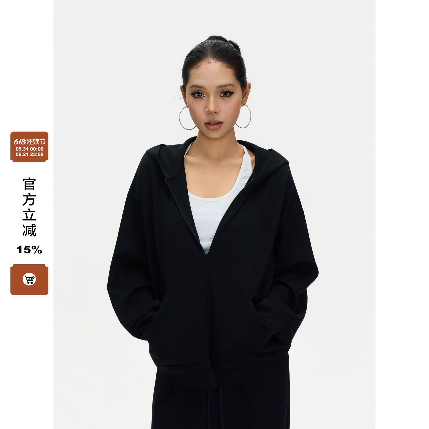 F383 美式复古莱赛尔空气层连帽卫衣简约休闲百搭半拉链帽衫女ins