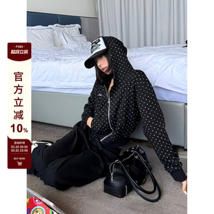 F383 美式复古波点满印连帽短款卫衣辣妹休闲百搭开衫外套女秋款