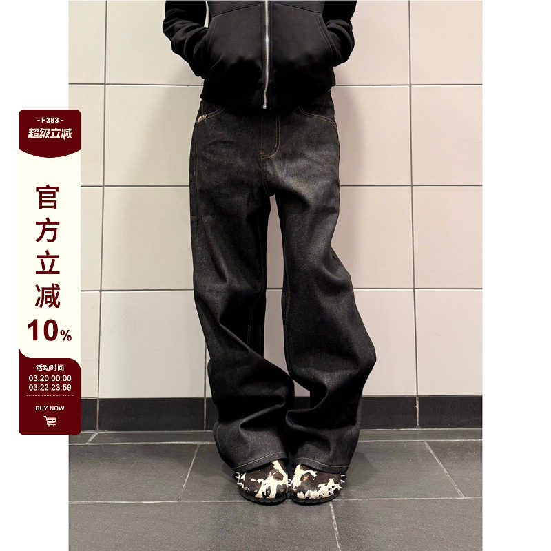 F383 美式复古cleanfit原牛黑色牛仔裤男女潮流休闲宽松阔腿裤子