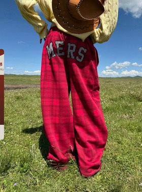 F383 美式复古街头红色格纹休闲裤男女新款宽松运动显瘦阔腿裤ins