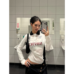 F383 美式复古潮牌字母印花POLO领T恤女薄款夏季修身显瘦长袖罩衫