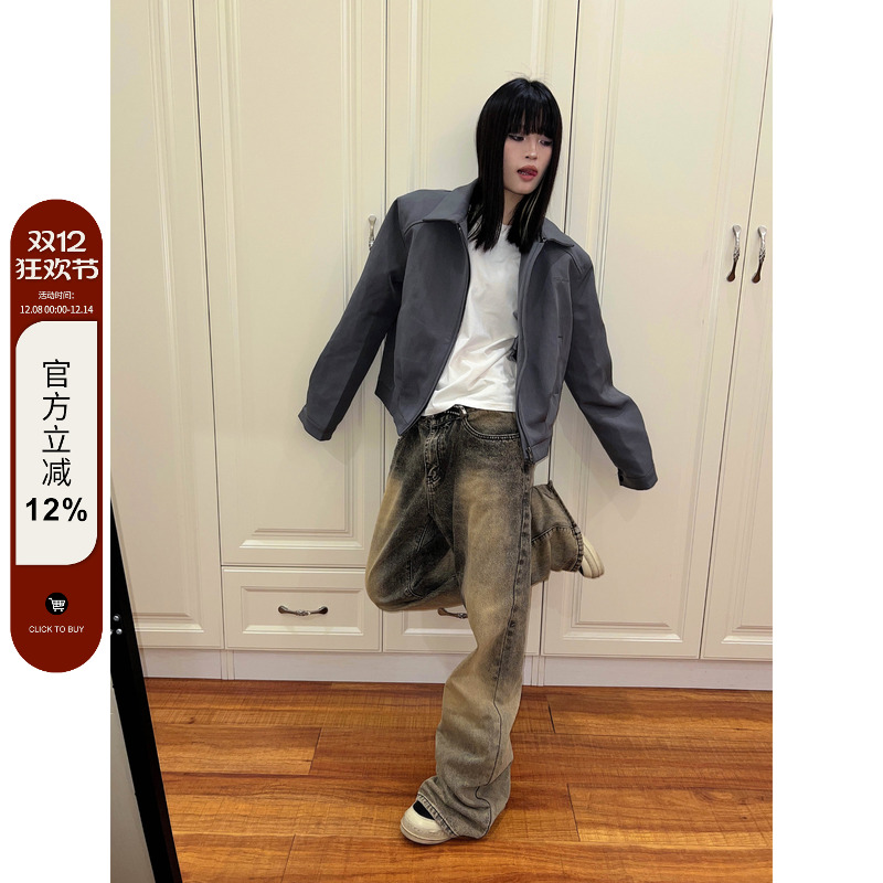 【F383】翻领垫肩短款夹克