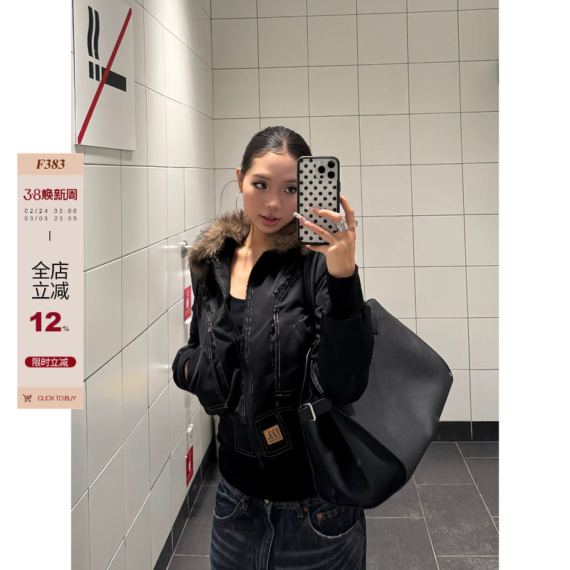 F383 美式复古明线大口袋夹棉毛毛翻领短款工装夹克宽松外套女ins