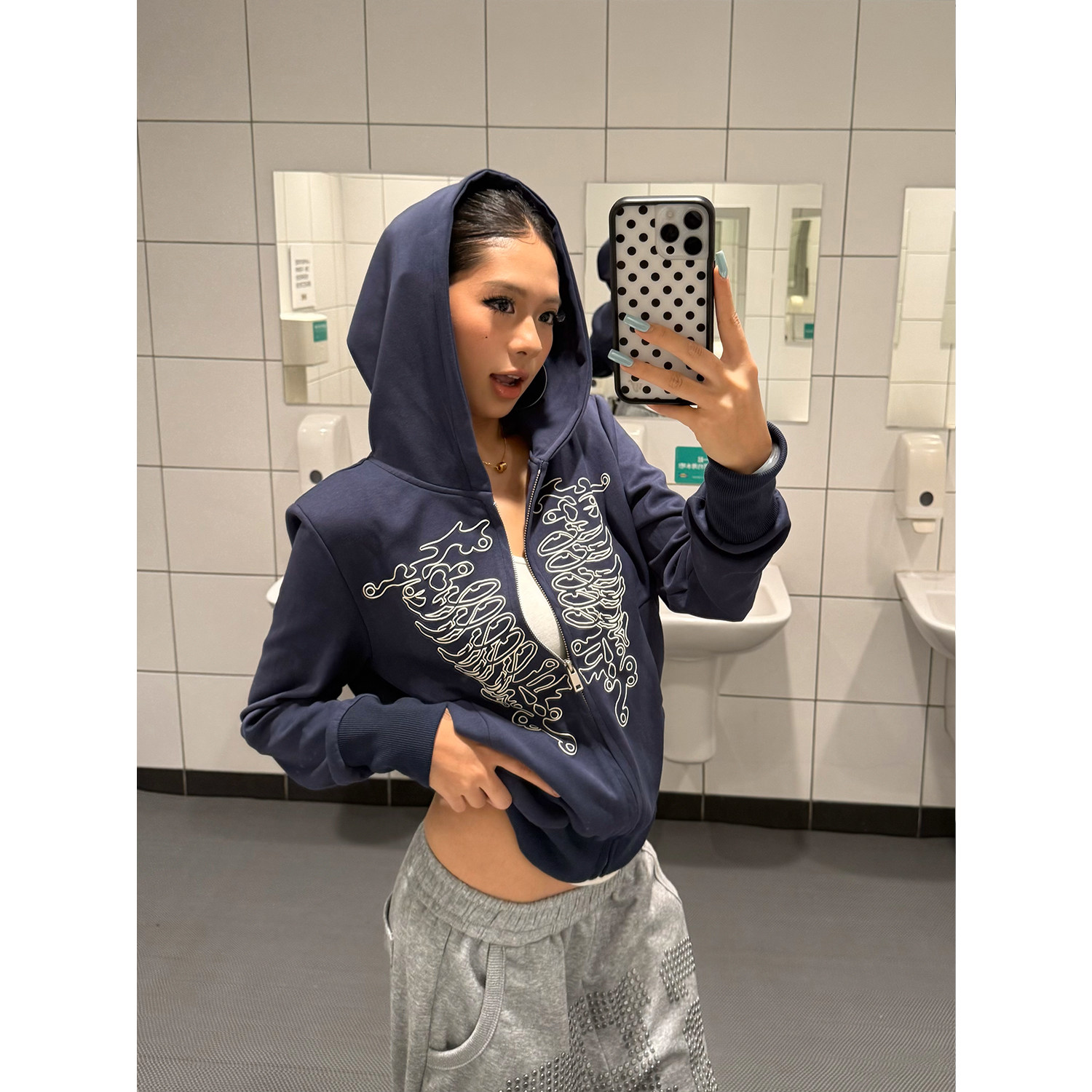 FFR 美式复古宫廷风印花短款连帽开衫外套女秋季修身显瘦百搭卫衣