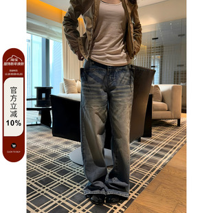 男女设计感宽松磨白休闲长裤 复古猫须水洗蓝直筒牛仔裤 美式 F383