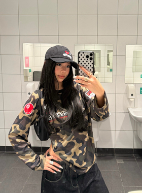 F383 美式复古迷彩字母印花长袖T恤男女街头风宽松休闲百搭上衣潮