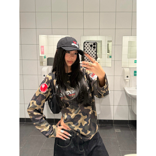 T恤男女街头风宽松休闲百搭上衣潮 复古迷彩字母印花长袖 F383 美式