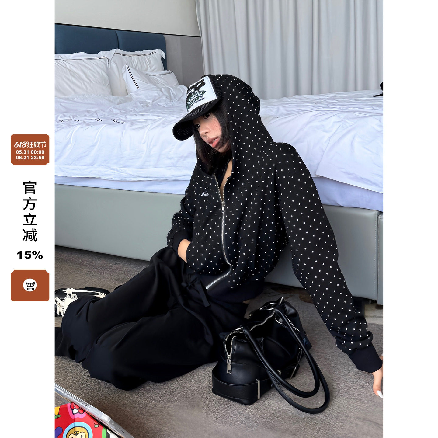 F383 美式复古波点满印连帽短款卫衣辣妹休闲百搭开衫外套女秋款