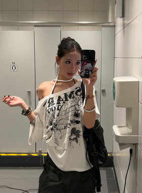 F383 美式复古斜肩蝴蝶结印花短袖T恤夏季慵懒休闲宽松上衣女ins