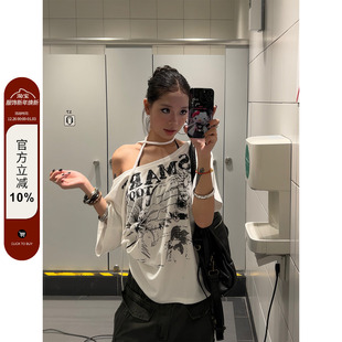 T恤夏季 复古斜肩蝴蝶结印花短袖 慵懒休闲宽松上衣女ins 美式 F383