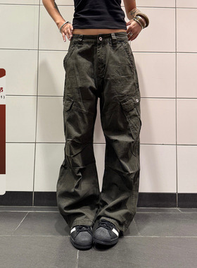 F383 美式复古廓形褶皱多口袋工装裤高级感直筒宽松显瘦百搭裤子