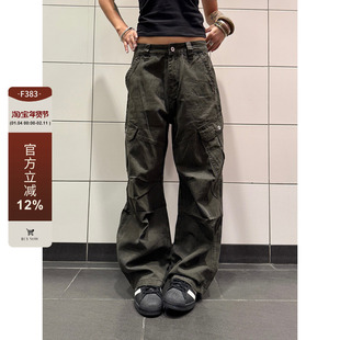 F383 美式复古廓形褶皱多口袋工装裤高级感直筒宽松显瘦百搭裤子