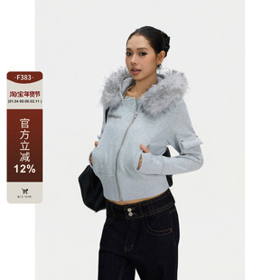 F383 美式复古斜襟毛领棉服加绒外套冬季短款修身连帽开衫卫衣ins