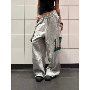 男女宽松直筒阔腿拖地百搭长裤 复古字母印花卫裤 子辣妹 美式 F383