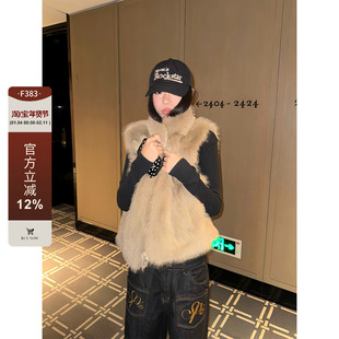 F383 美式复古设计感双面穿绒毛格纹波点马甲女秋冬叠穿百搭外套