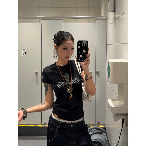 【F383】十字印花正肩短袖