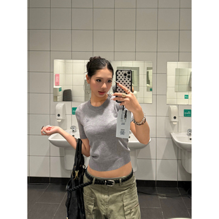 美式 基础款 复古简约圆领短袖 女字母刺绣修身 通勤上衣 针织衫 F383