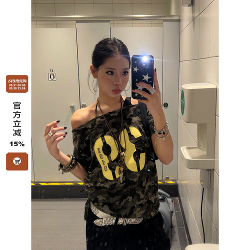 【F383】迷彩斜肩设计感短袖