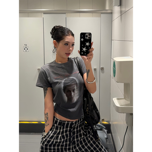 F383 2025美式复古百搭短袖人像印花T恤女夏美式辣妹修身短款上衣