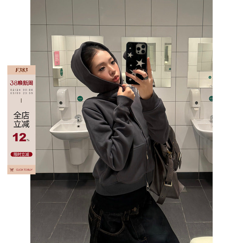 F383 美式复古基础款正肩短款连帽卫衣男女宽松休闲百搭帽衫外套