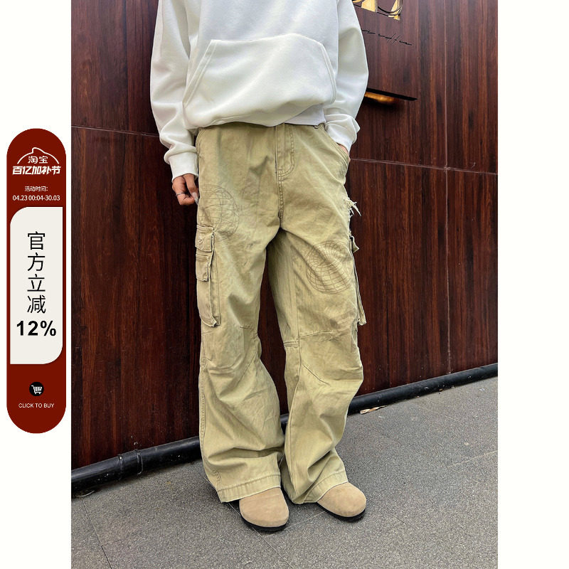 F383 2025美式复古多口袋磨破直筒工装裤宽松百搭休闲裤男女ins