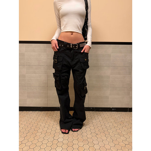 FFR千禧辣妹黑色低腰微喇工装裤