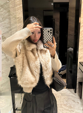 F383 美式复古纯色翻领毛绒假两件短款外套女秋冬新款慵懒上衣ins