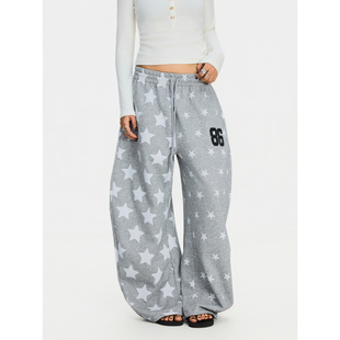 男女宽松休闲阔腿百搭抽绳长裤 复古星星满印松紧腰卫裤 美式 F383