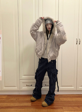 F383 2025美式复古座山雕冬季棉服短款cleanfit保暖加厚毛领外套