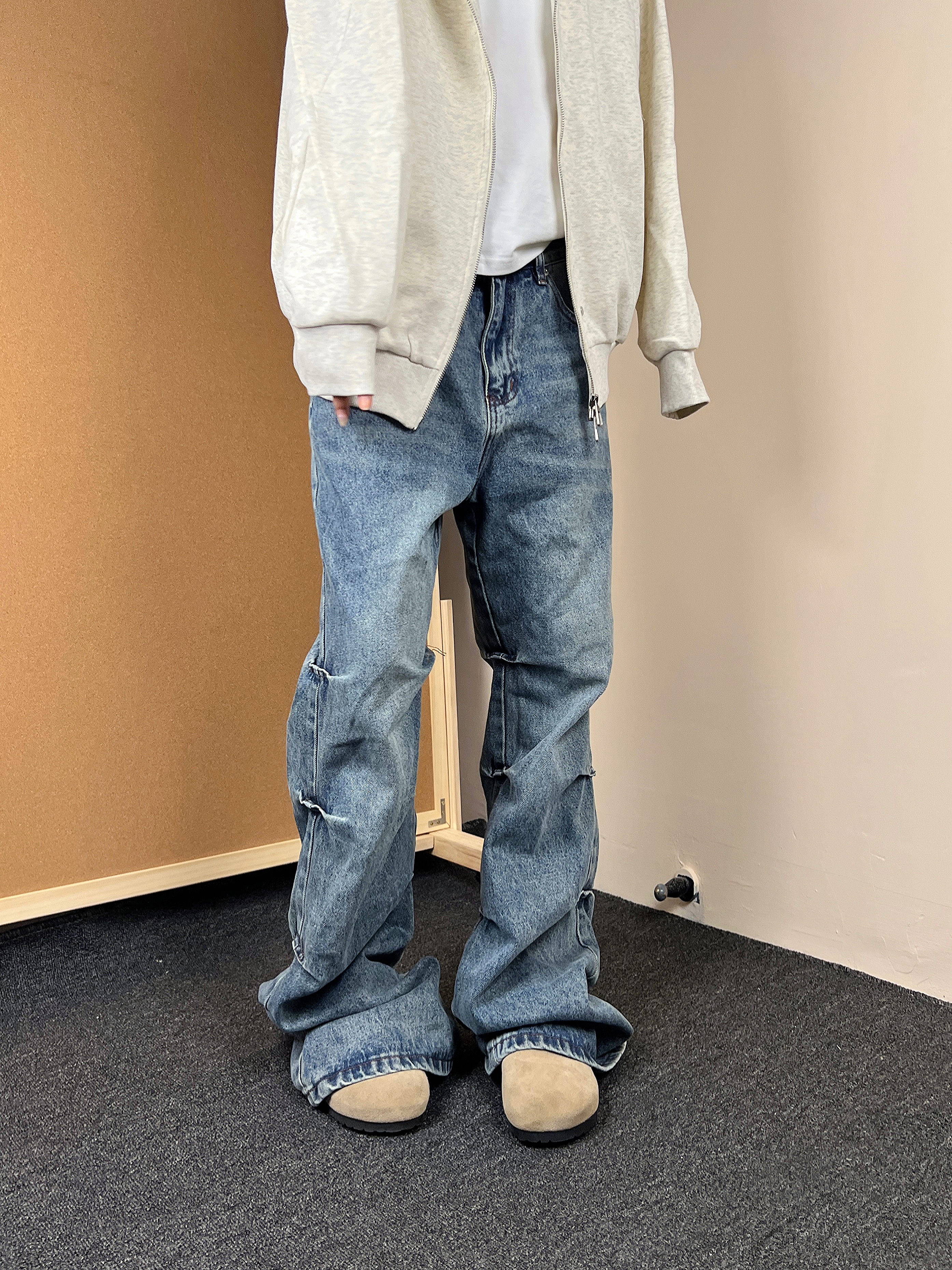 【F383】拉链褶皱牛仔裤